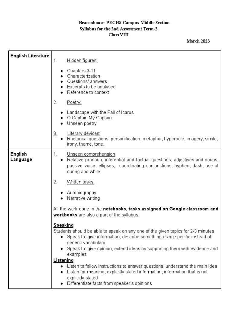 Class 8 Term 2 Syllabus 2023 | PDF | English Language | Linguistics
