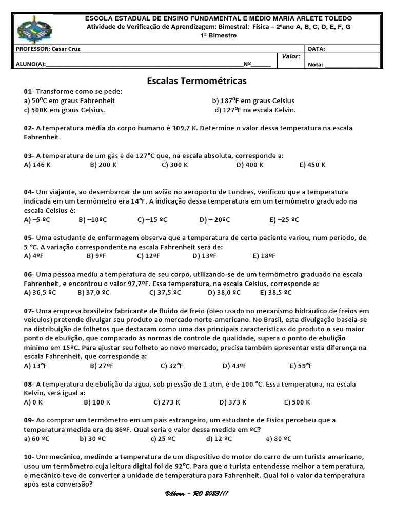 Exercícios de Escalas Termométricas | PDF | Celsius | Temperatura