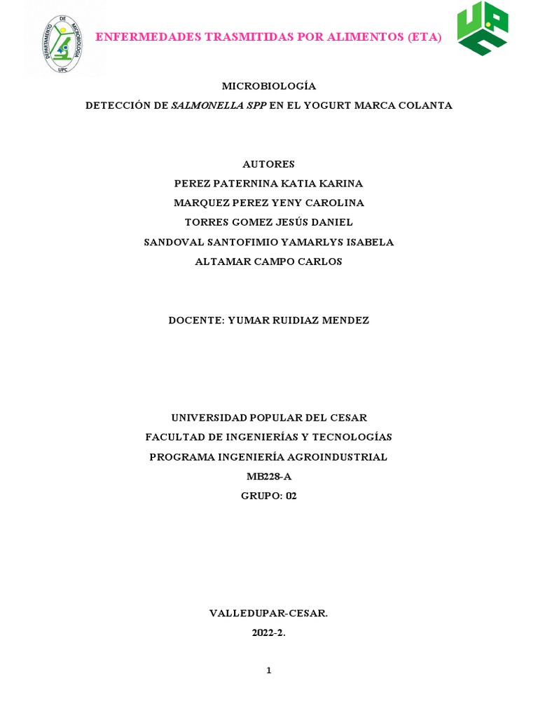 DETECCIÓN DE SALMONELLA SPP EN Yogurt Terminado PDF Salmonela Las