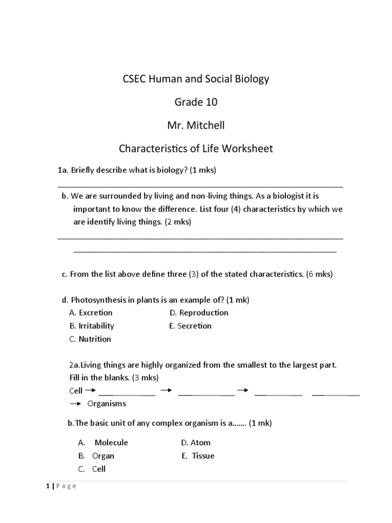 Characteristics of Life Worksheet Download Free PDF Diffusion Osmosis