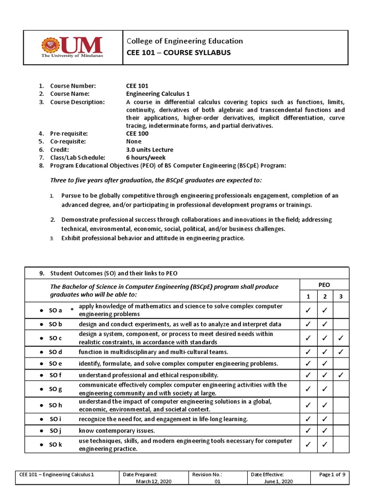 CEE 101 - Engineering Calculus 1 (Course Syllabus) PDF | PDF ...