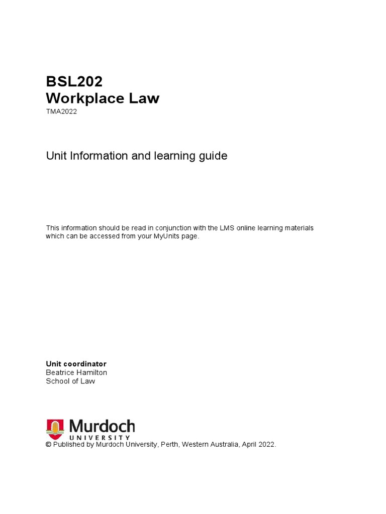 BSL202 Workplace Law Unit Information and Learning Guide PDF Case