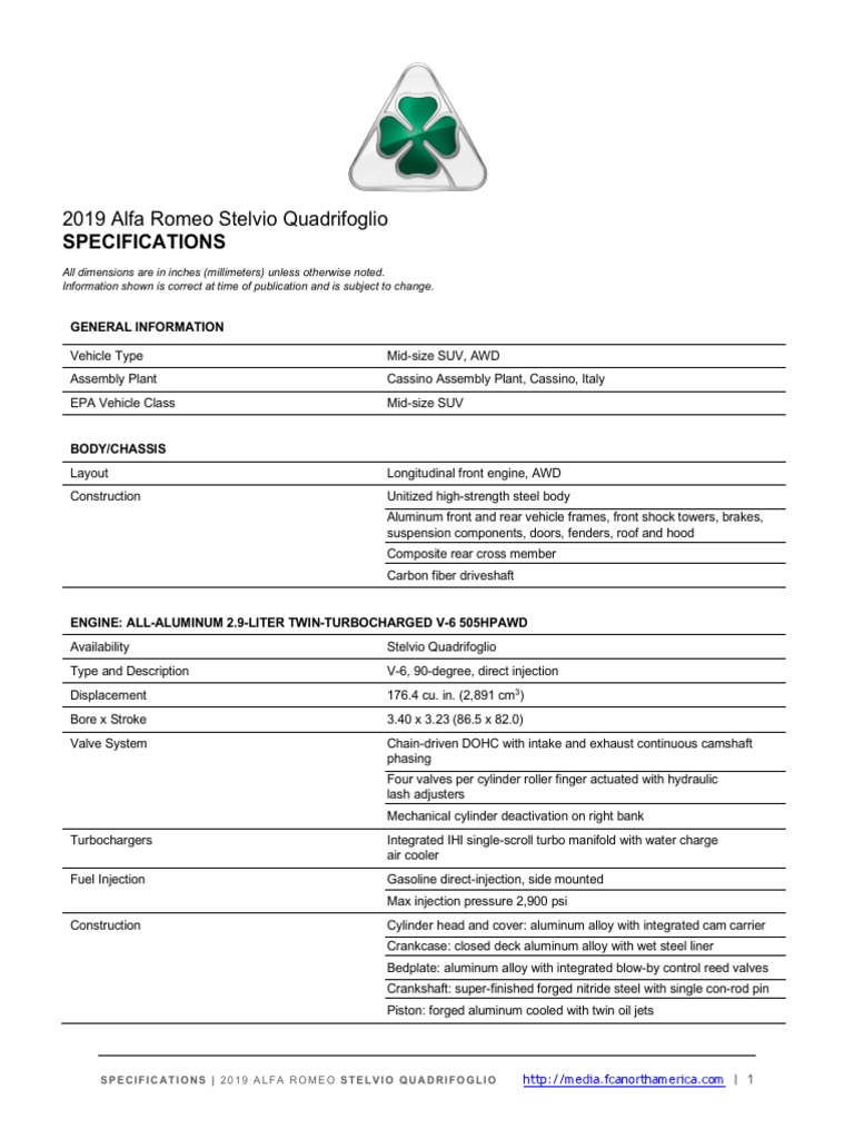 2019 Alfa Romeo Stelvio Quadrifoglio Specs | PDF | Horsepower | V6 Engine