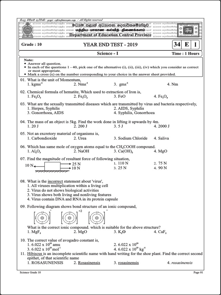 Grade 10 Science Exam Questions PDF | PDF | Chemical Bond | Chemistry