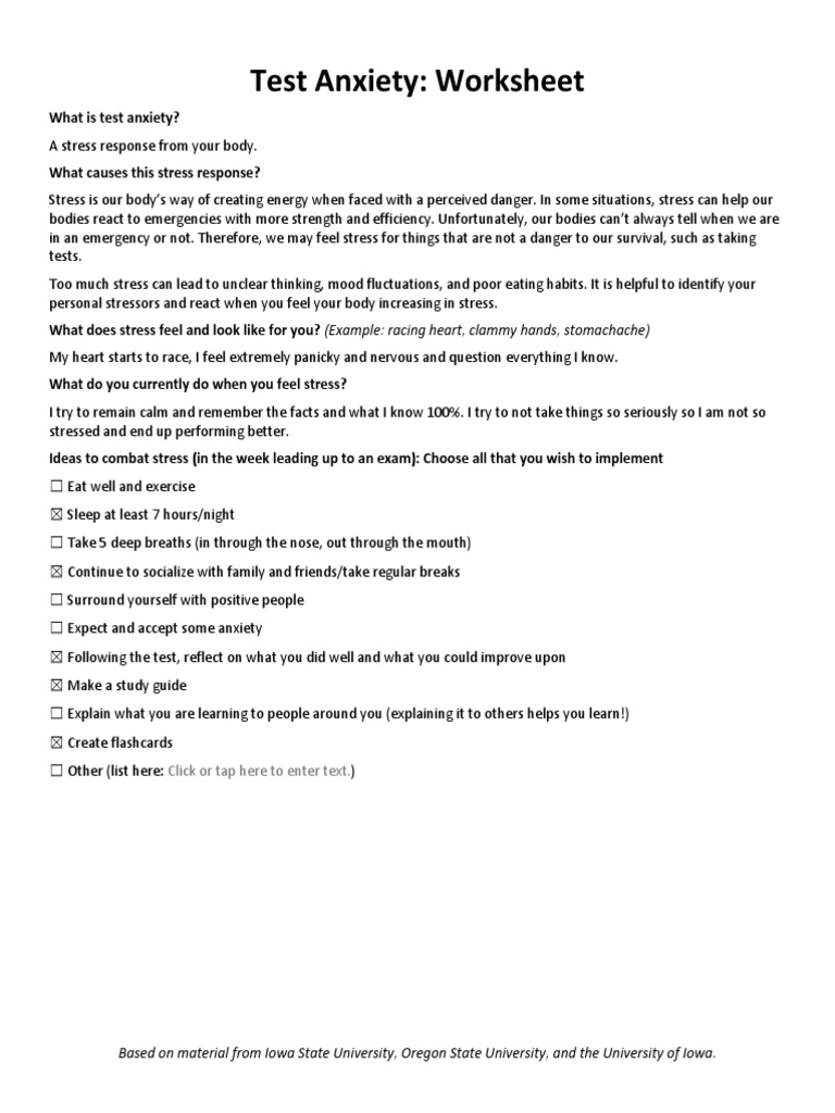 Test Anxiety - Worksheet | PDF