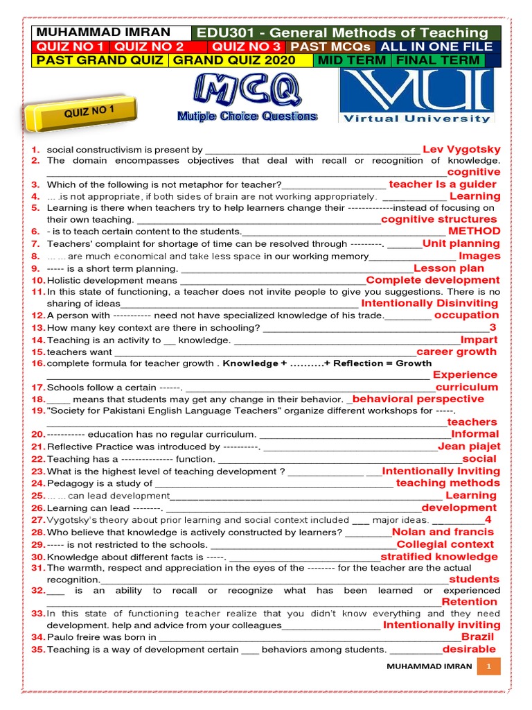 Edu301 general methods of teaching quiz 1 2 3 past grand quiz