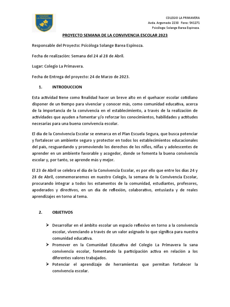 Proyecto Semana de La Convivencia Escolar | PDF