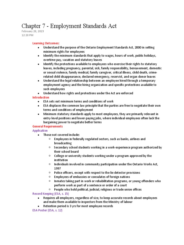 Chapter 7 - Employment Standards Act | PDF | Overtime | Employment