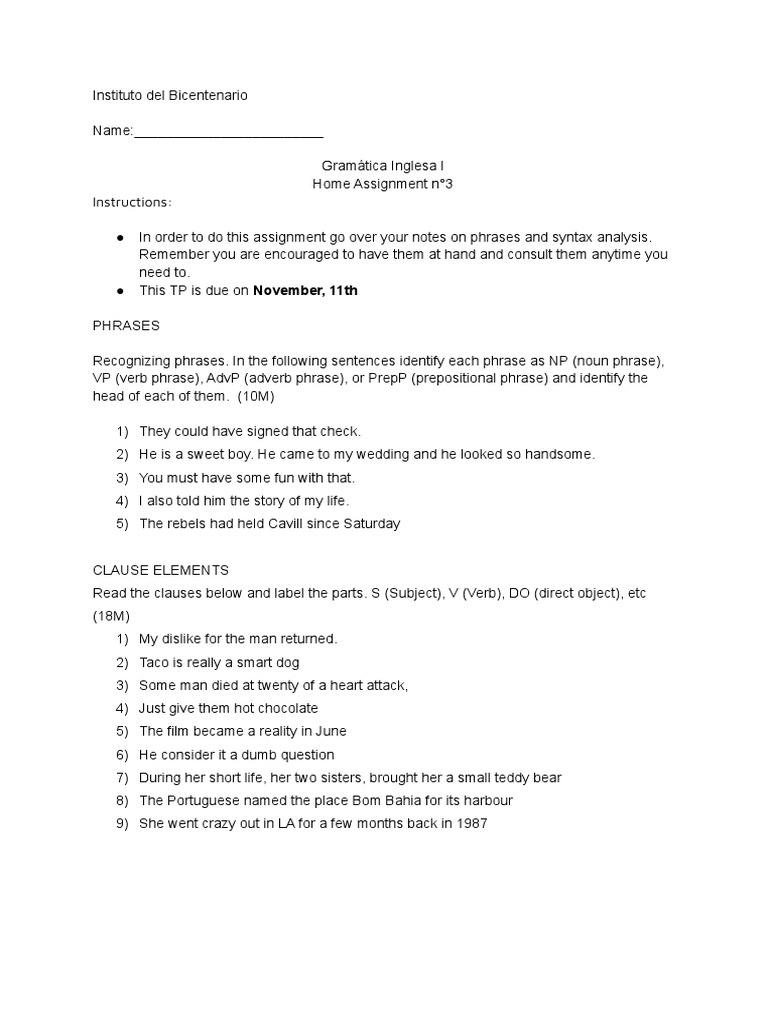 Home Assignment on Phrases and Clauses | PDF | Language Arts & Discipline