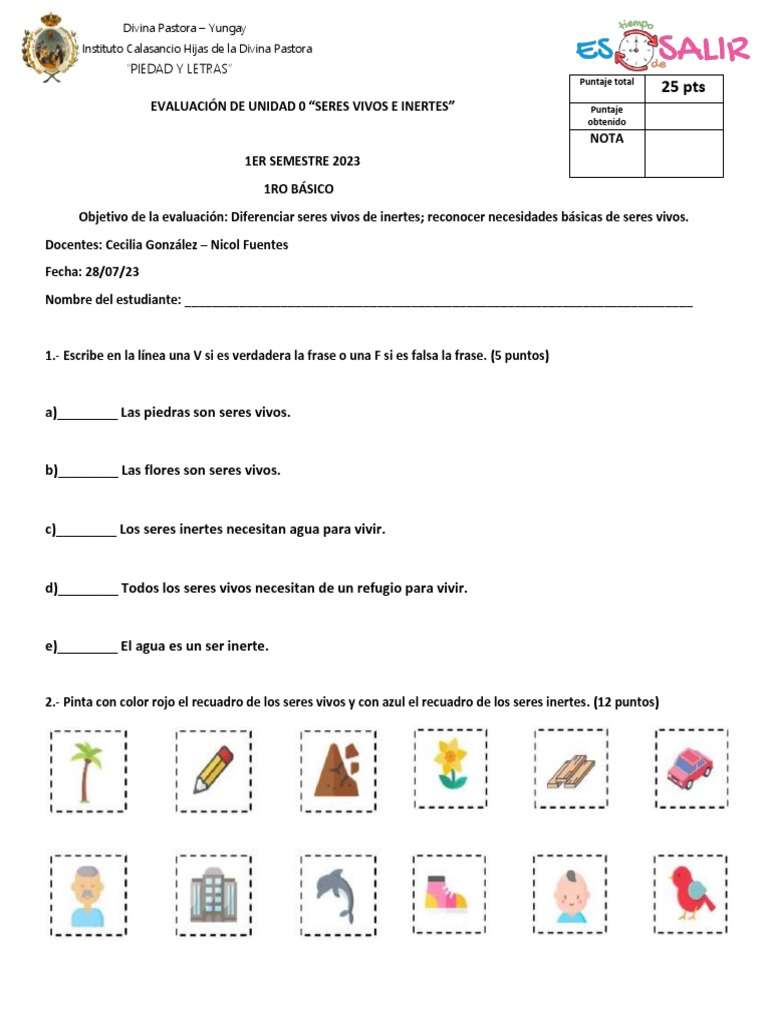 Evaluación Ciencias Naturales Unidad 0 Seres Vivos e Inertes | PDF