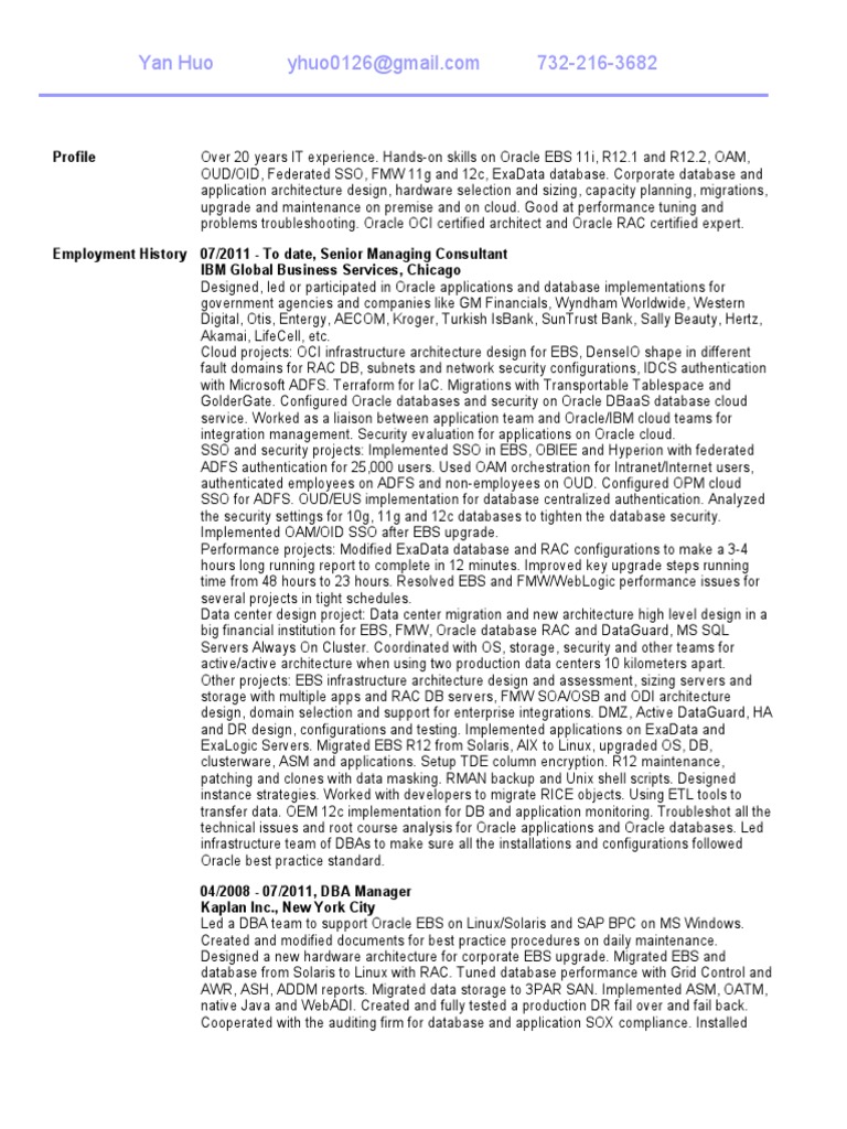 Dice Profile Yan Huo | PDF | Oracle Corporation | Oracle Database