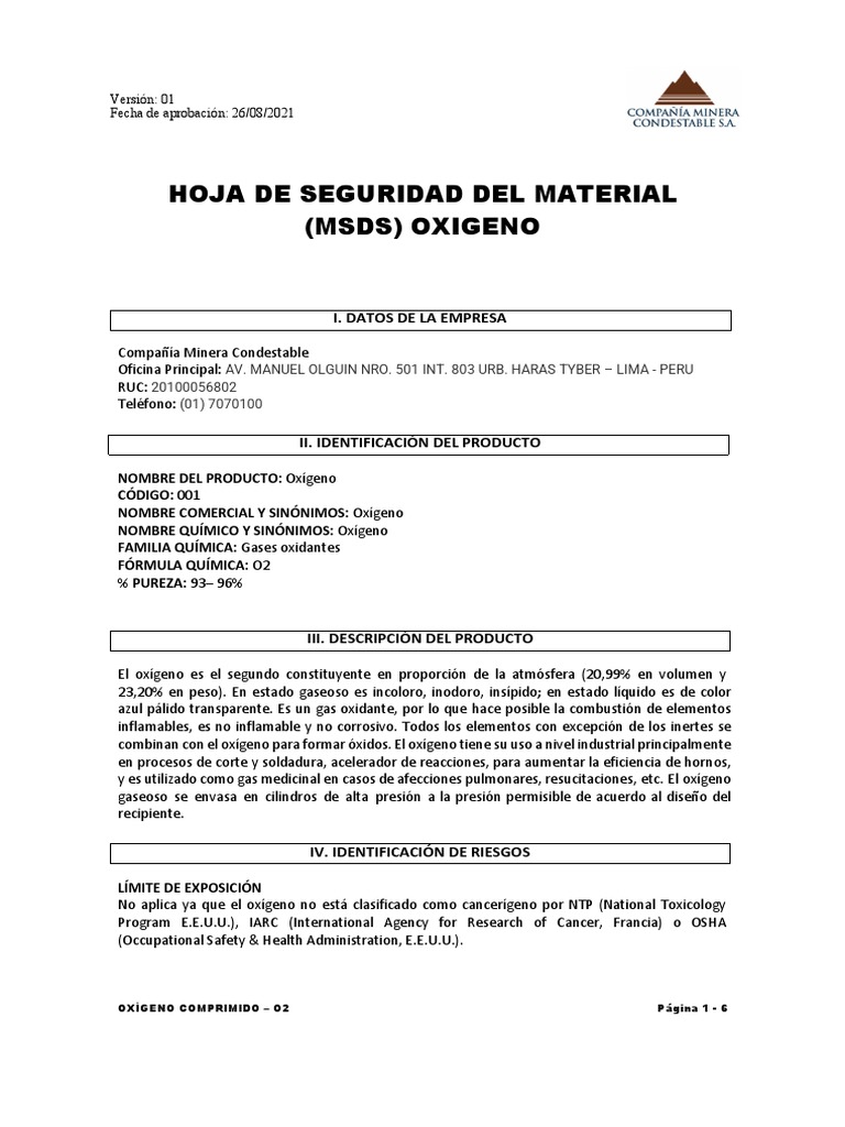 Hoja de Seguridad: Oxígeno Comprimido O2 | PDF | Oxígeno | Gases