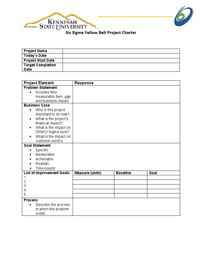 53c798ecd0c5e9c38d05a8a8c501cf6e Six Sigma Yellow Belt Project Charter ...