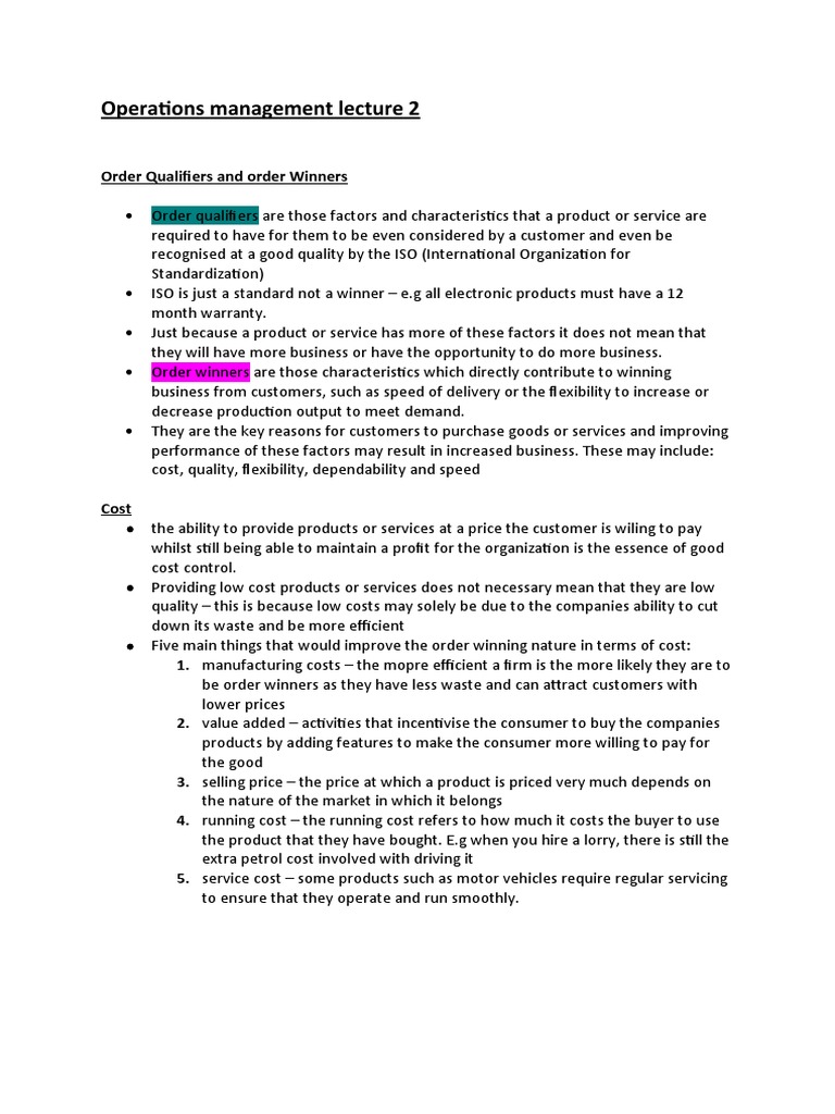 Order Qualifiers and Winners in Operations | PDF | Cost | Quality ...