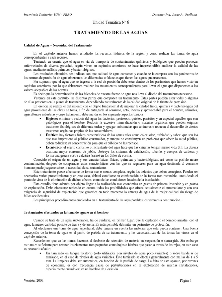 Tratamiento de Aguas: Calidad y Métodos | PDF | Agua | Cloro
