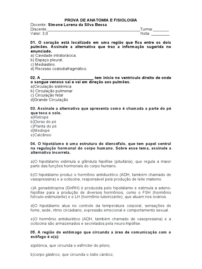 Prova Anatomia Download Grátis Pdf Hipotálamo Corpo Humano