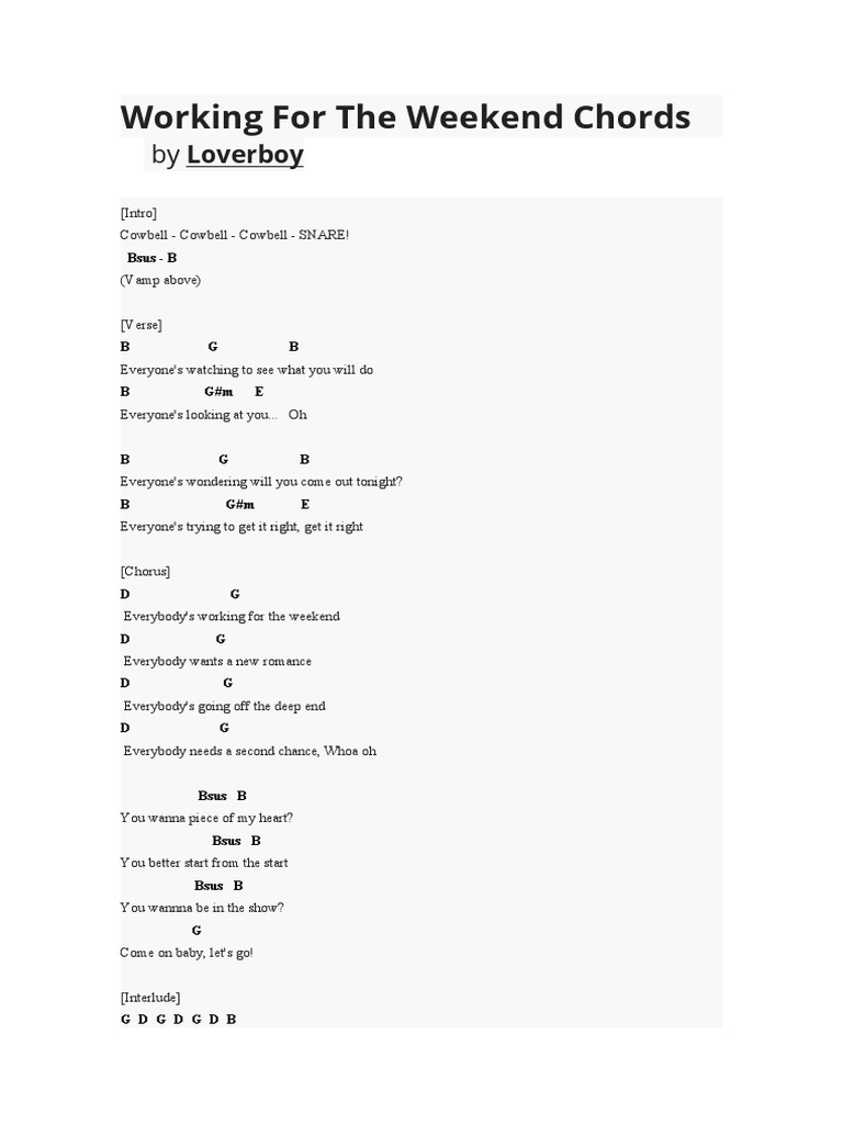 Chords Working For The Weekend Loverboy