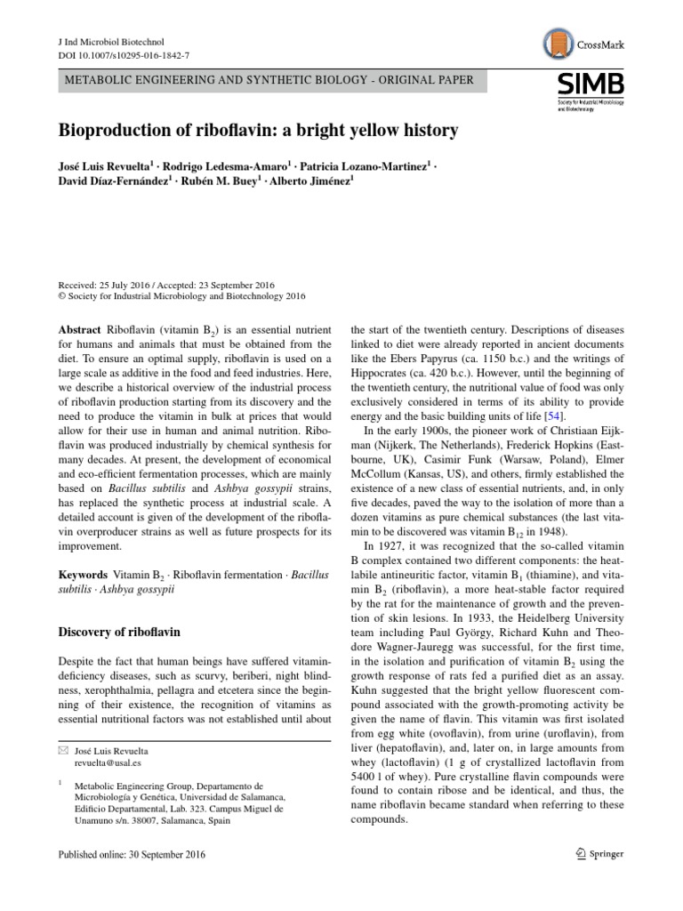Bioproduction of Riboflavin A Bright Yellow History PDF Metabolism