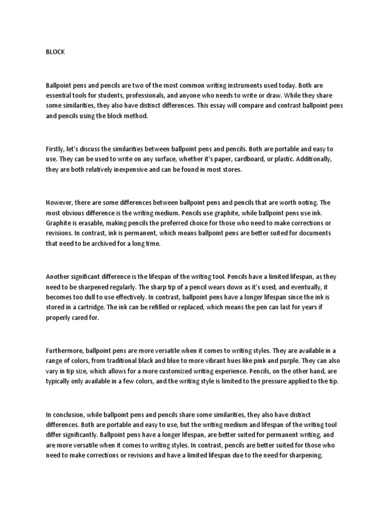 Comparing ballpoint pens and pencils using the block method pdf