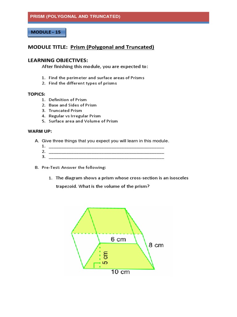 15 Prism (Polygonal and Truncated) PDF | PDF | Area | Convex Geometry