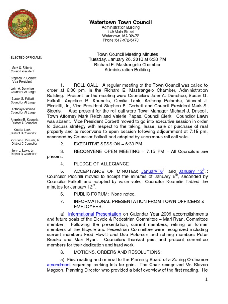 01 26 2010 Town Council Minutes Pdf Committee Government