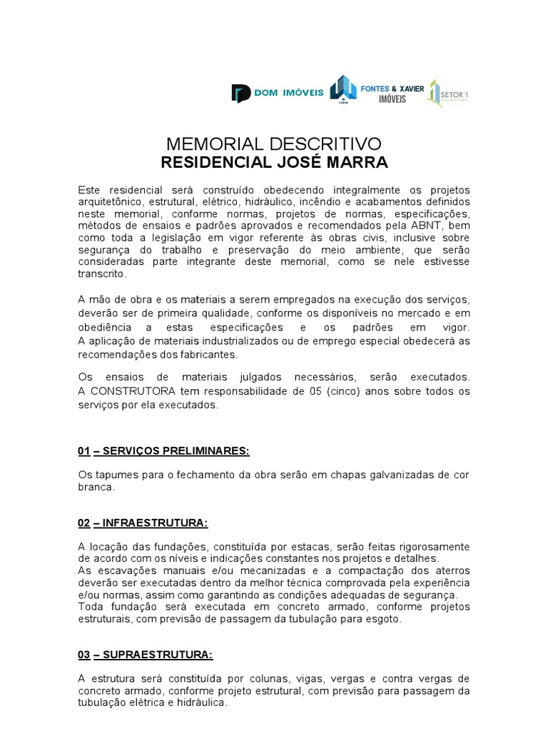 Memorial Descritivo Residencial Completo | PDF | Argamassa (alvenaria ...