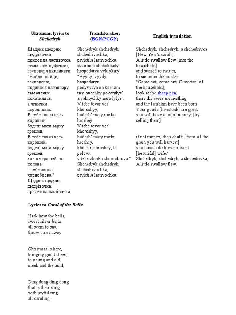 Ukrainian Lyrics To Shchedryk