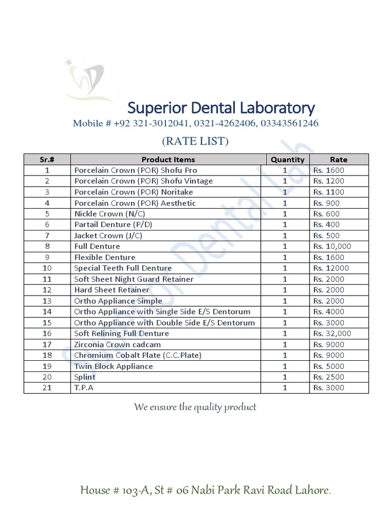 Superior Dental Laboratory Rate 2023 PDF