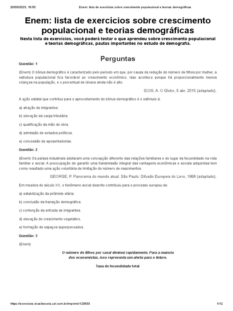 Enem - Lista de Exercícios Sobre Crescimento Populacional e Teorias ...