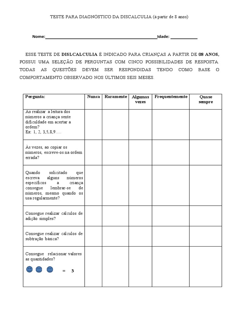 Teste de Discalculia para Crianças | PDF | Matemática