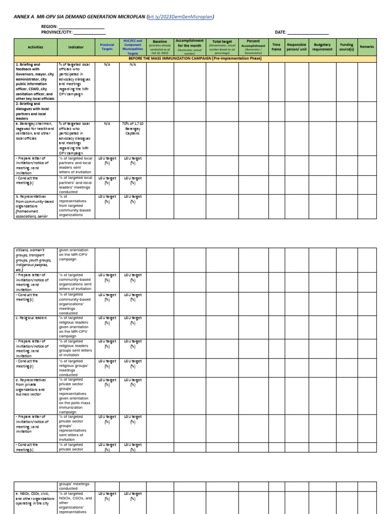 (Annex A) 2023 MROPV SIA Demand Generation Microplan Template PDF PDF Health Care Hospital