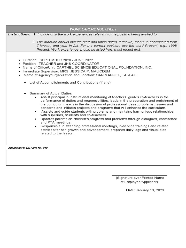 Cs form no 212 work experience sheet pdf