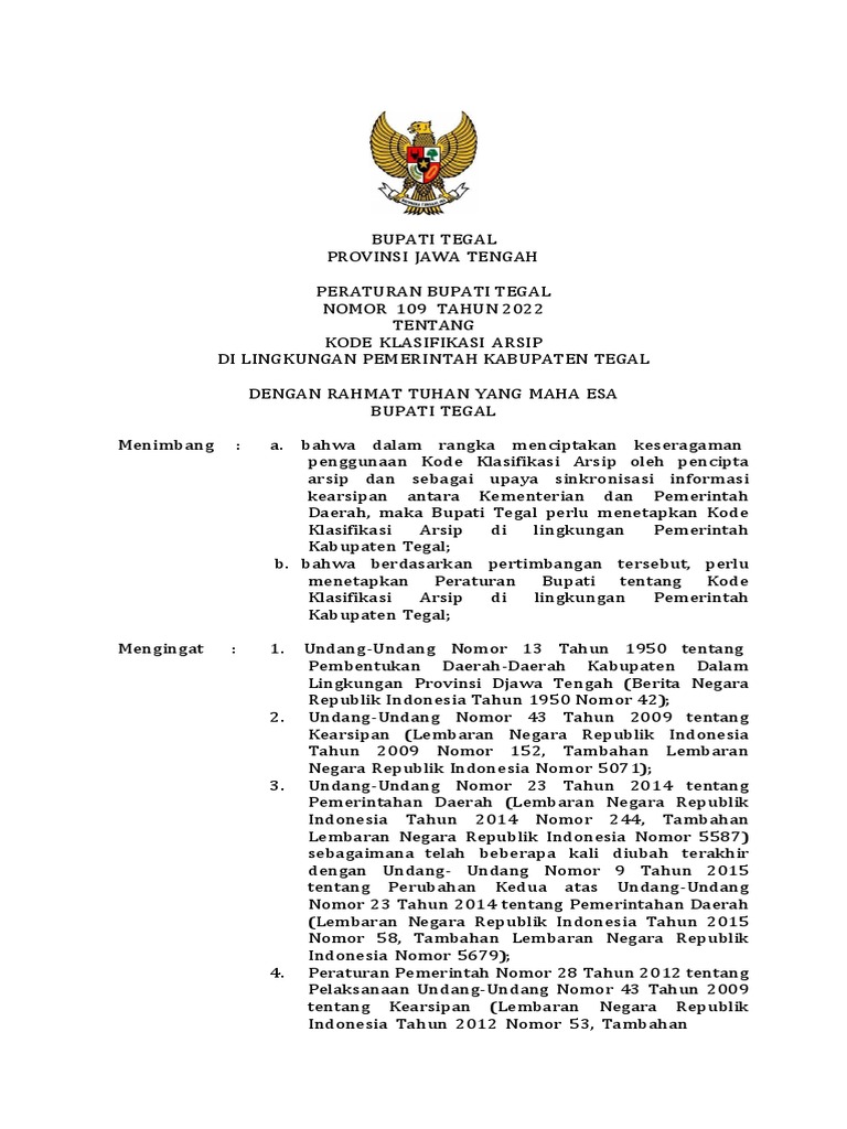 Perbup Tegal Klasifikasi Nomor Surat Dinas | PDF