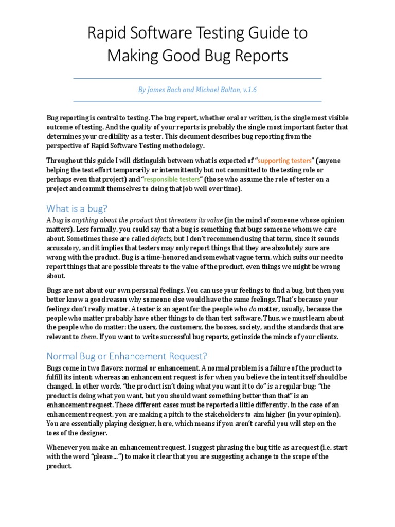 Rapid Software Testing Guide To Bug Reporting v1.6 | PDF | Software ...