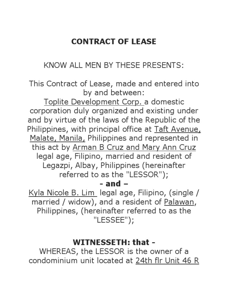 Toplite Development Corp. Lease Agreement | PDF | Lease | Civil Law ...