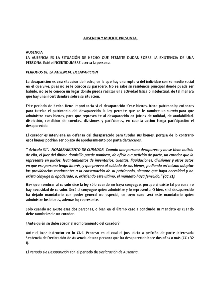 Ausencia y Muerte Presunta | PDF | Propiedad | Herencia