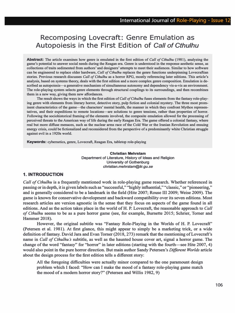 Recomposing Lovecraft: Genre Emulation As Autopoiesis in The First ...