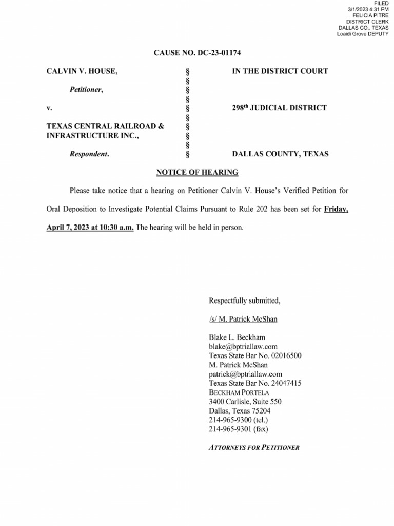 Texas Central Dallas County NOTICE of HEARING | PDF