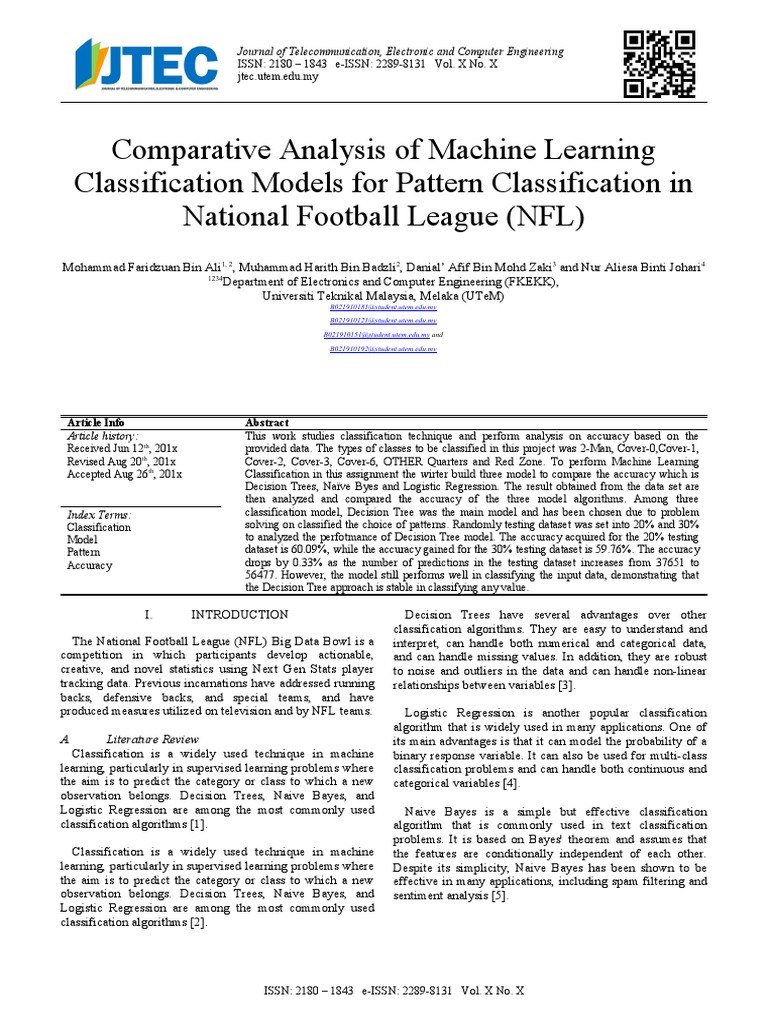 NFL Machine Learning Classification Models PDF Statistical