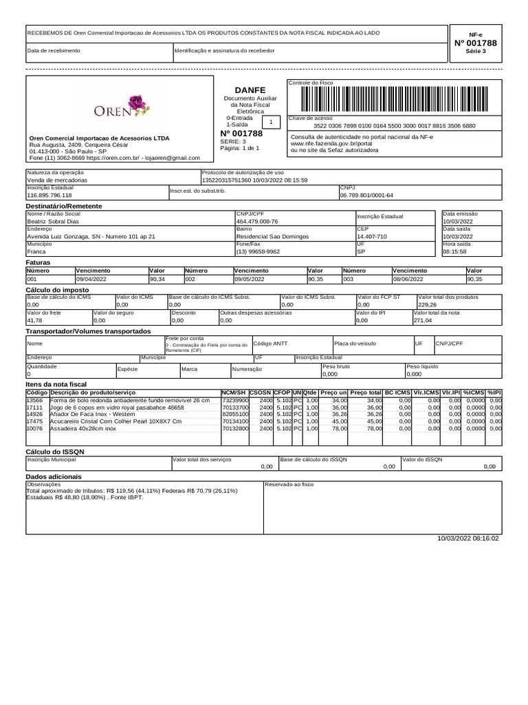 Nota fiscal de venda de produtos de cozinha importados pela oren