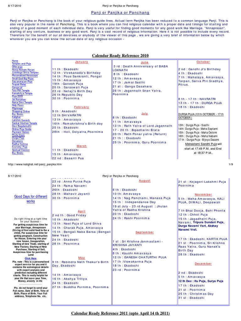 Calendar of Religious Dates and Panchang Information for 2010-2011 ...