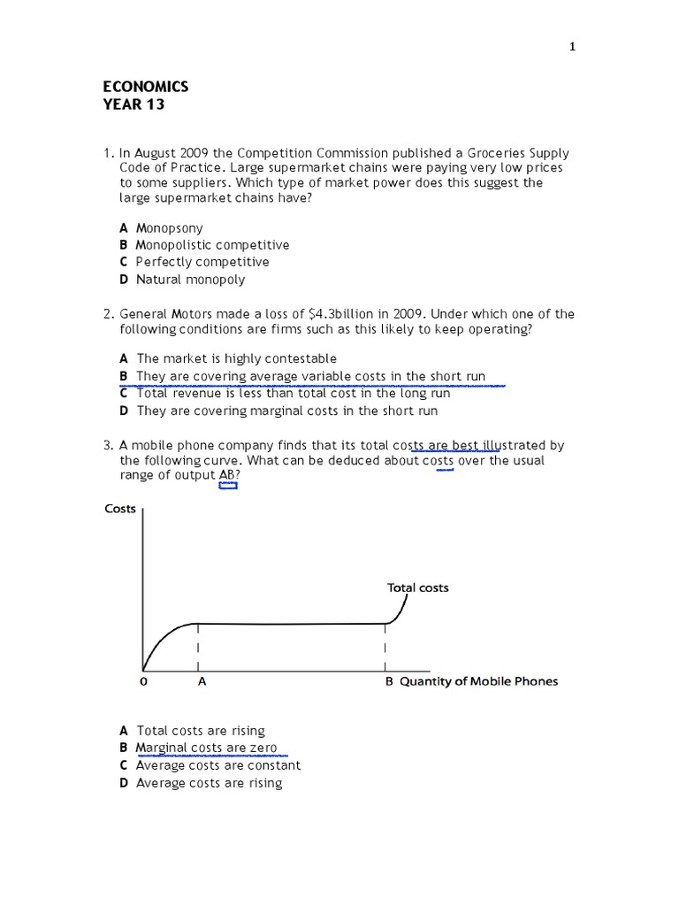 Year 13 Class Test 2021 | PDF | Profit (Economics) | Monopoly