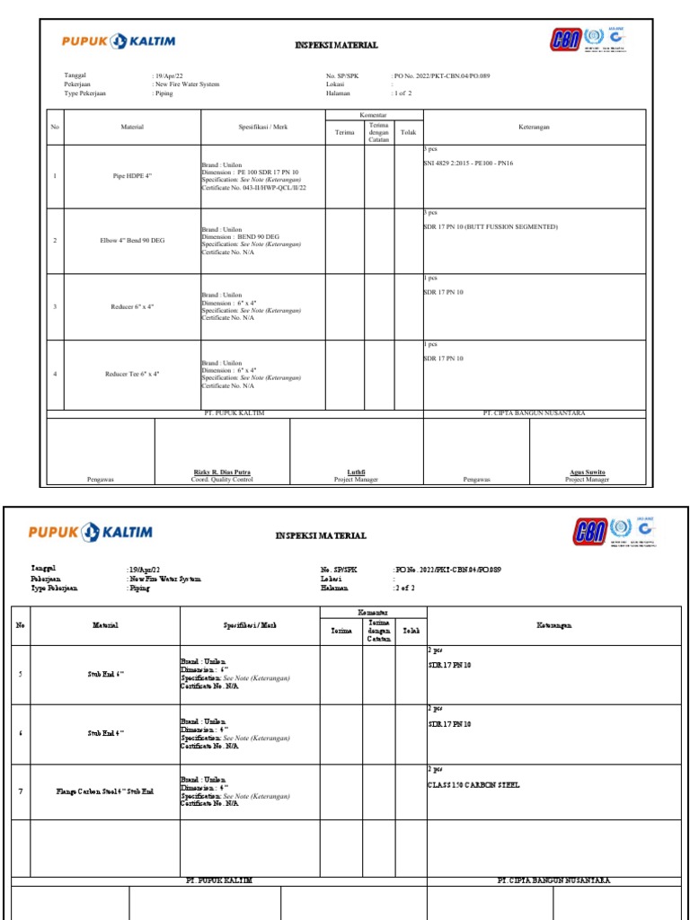 HDPE Pipe Inspection Checklist | PDF | Building Technology | Civil ...