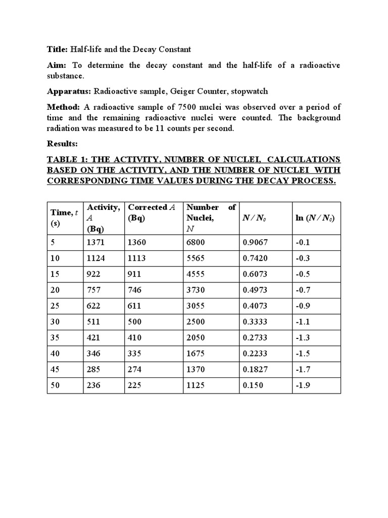 Physics Lab Half Life and The Decay Constant PDF Radioactive
