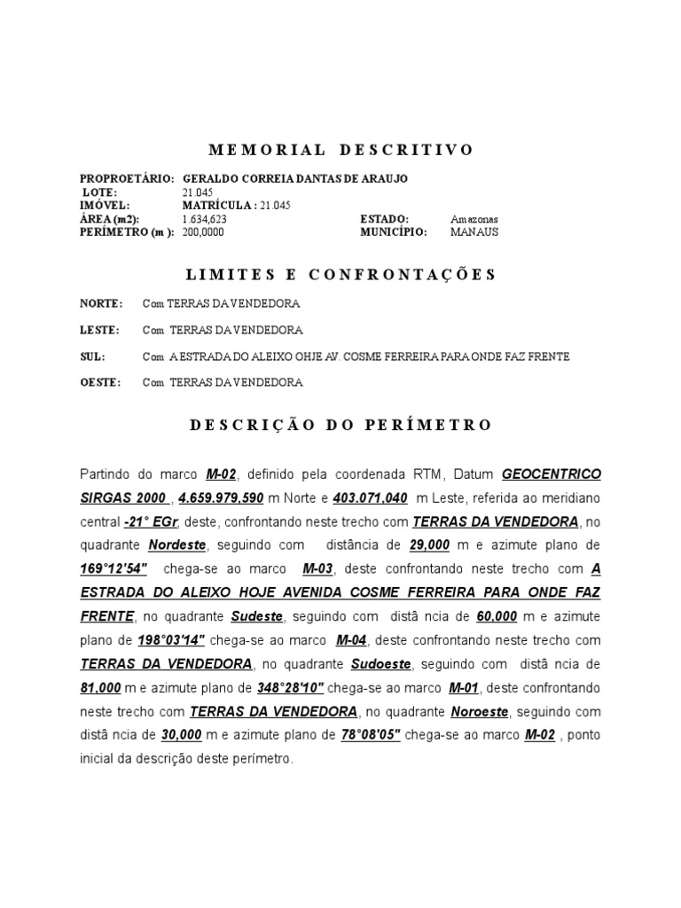 Memorial Descritivo de Imóvel em Manaus | PDF