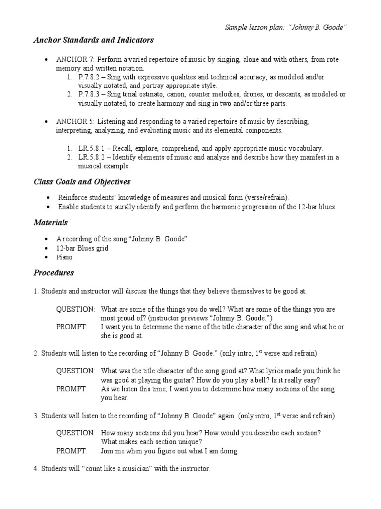 MUSE 150 Sample Lesson Plan With Prompts and Questions | PDF | Song ...