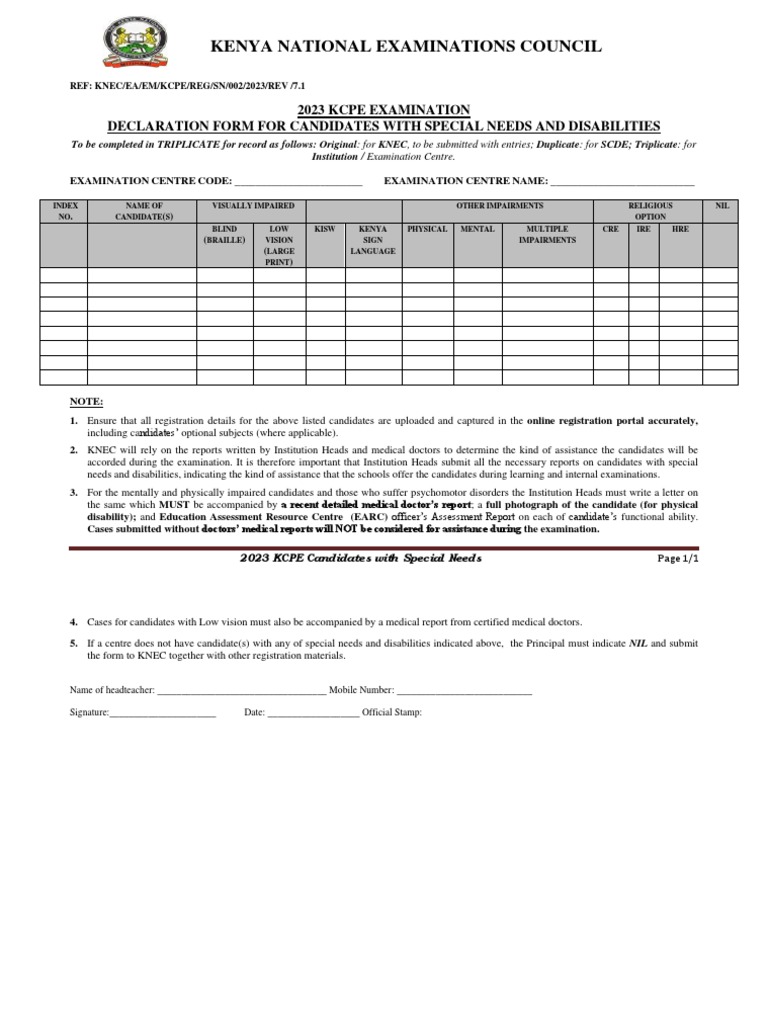 2023 kcpe examination declaration form for candidates with special