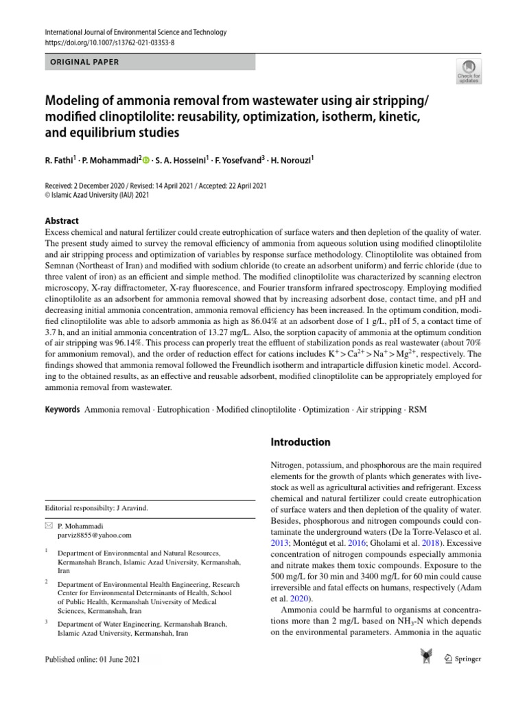 Modeling of ammonia removal from wastewater using air stripping