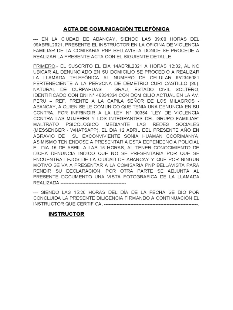 Acta de Comunicación Telefónica - Docx Al Denunciado | PDF