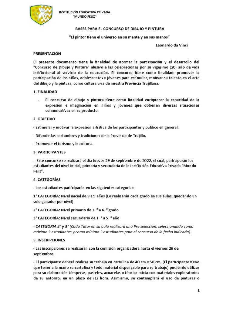 Bases Para El Concurso De Dibujo Y Pintura 2022 PDF Pinturas Dibujo